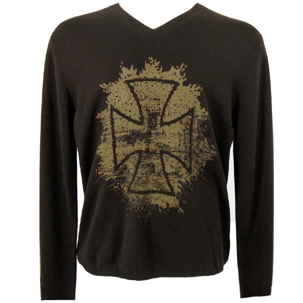 NEW $335 Neiman Marcus Cashmere Sweater! L XL Brown With Cool Design Slim Fit